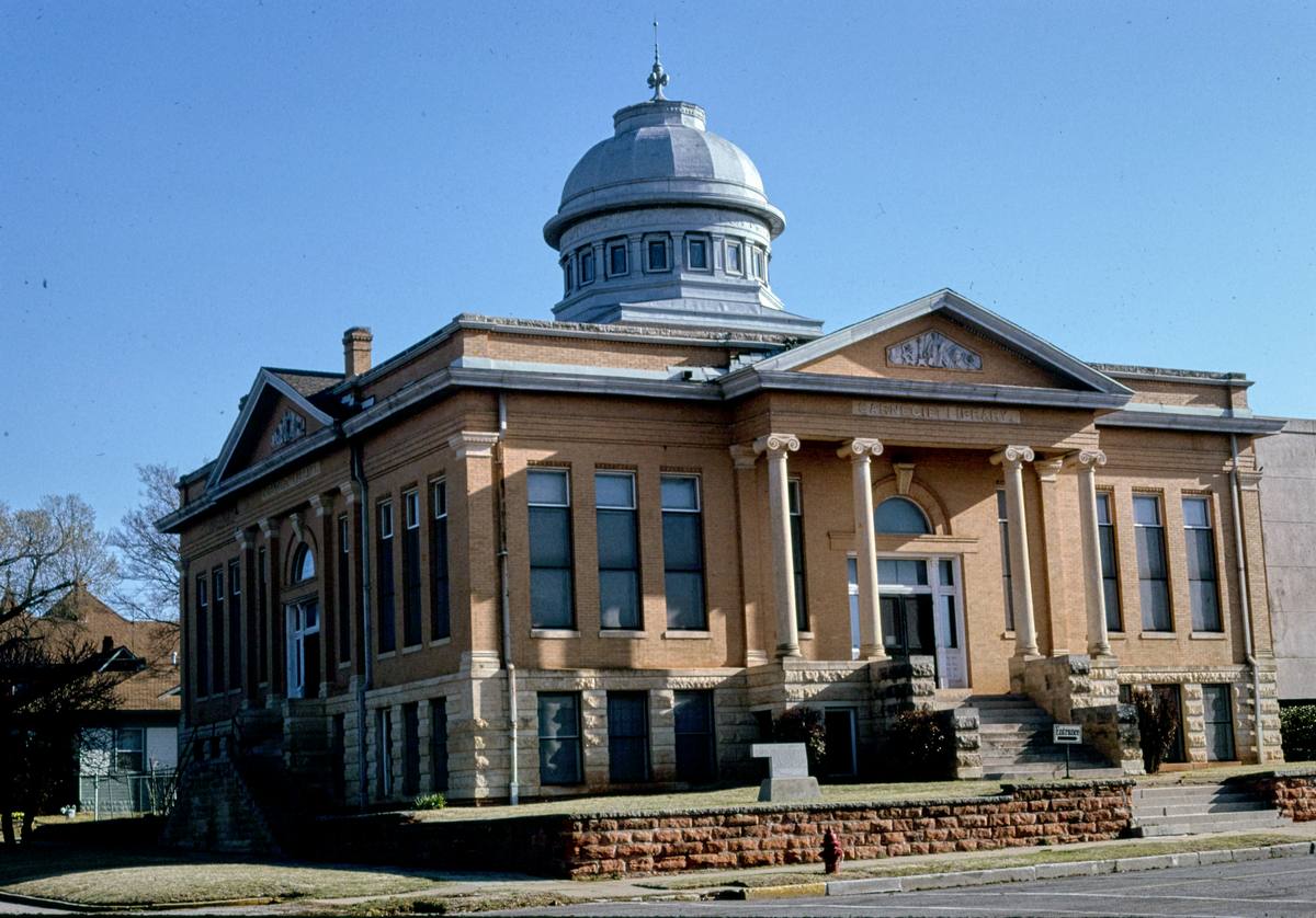 Historic Photo : 1996 Carnegie Library, overall angle view, Oklahoma Avenue, Guthrie, Oklahoma | Margolies | Roadside America Collection | Vintage Wall Art :