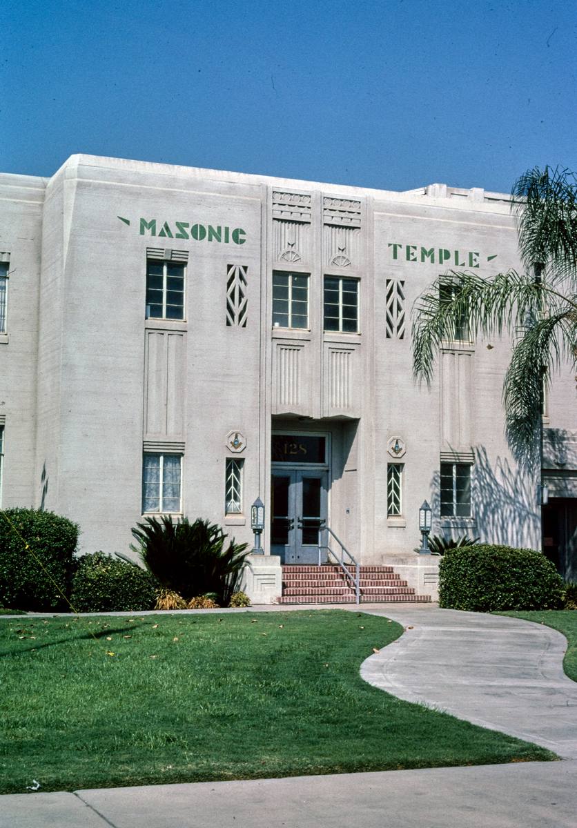 Historic Photo : 2003 Masonic Temple, angle view, Mineral King Avenue, Visalia, California | Margolies | Roadside America Collection | Vintage Wall Art :