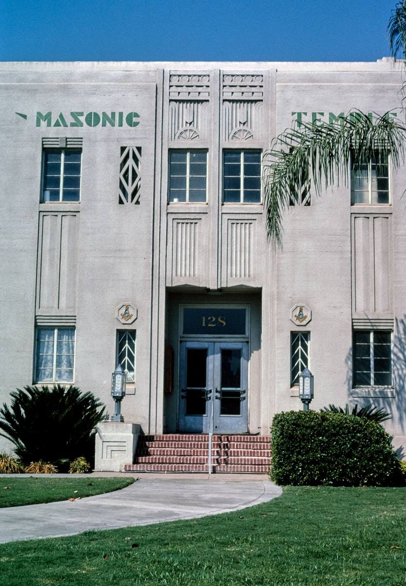 Historic Photo : 2003 Masonic Temple, straight-on view, Mineral King Avenue, Visalia, California | Margolies | Roadside America Collection | Vintage Wall Art :
