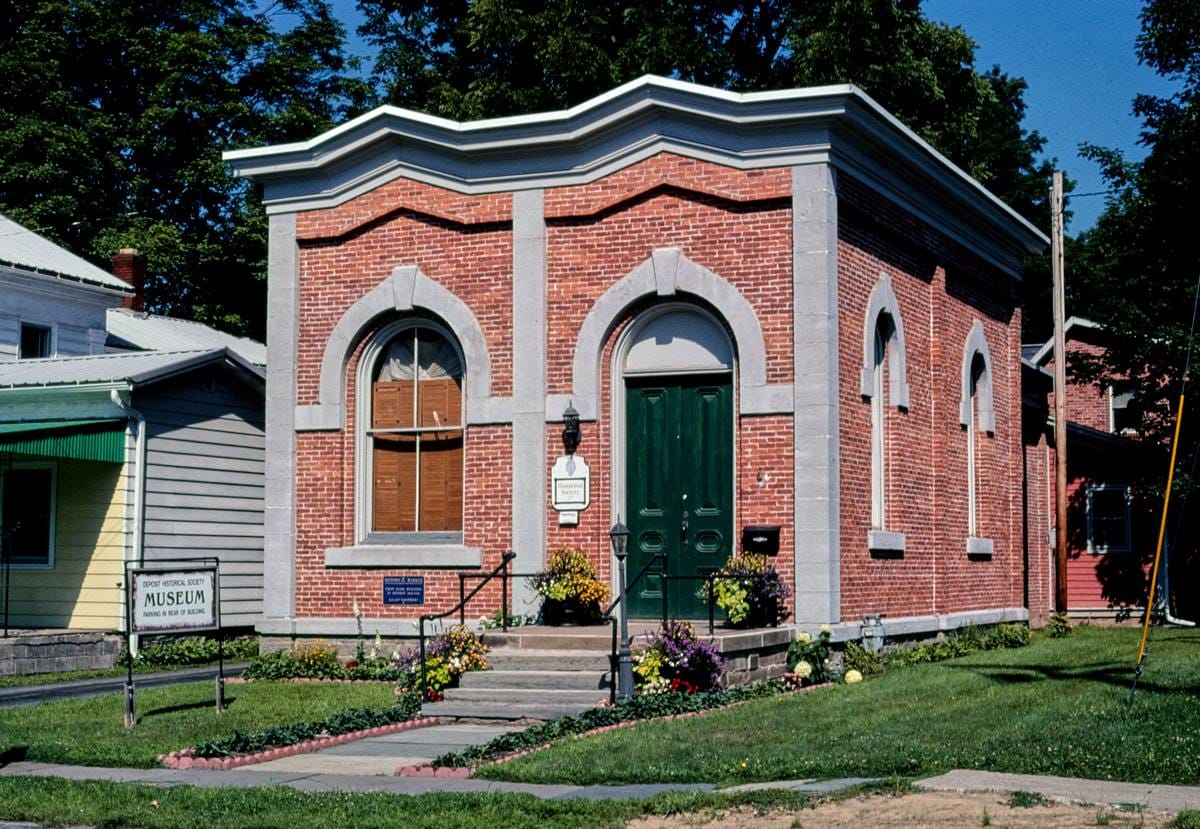 Historic Photo : 2004 Farmers State Bank (now an historical society), horizontal angle view, Second Street, Deposit, New York | Photo by: John Margolies |