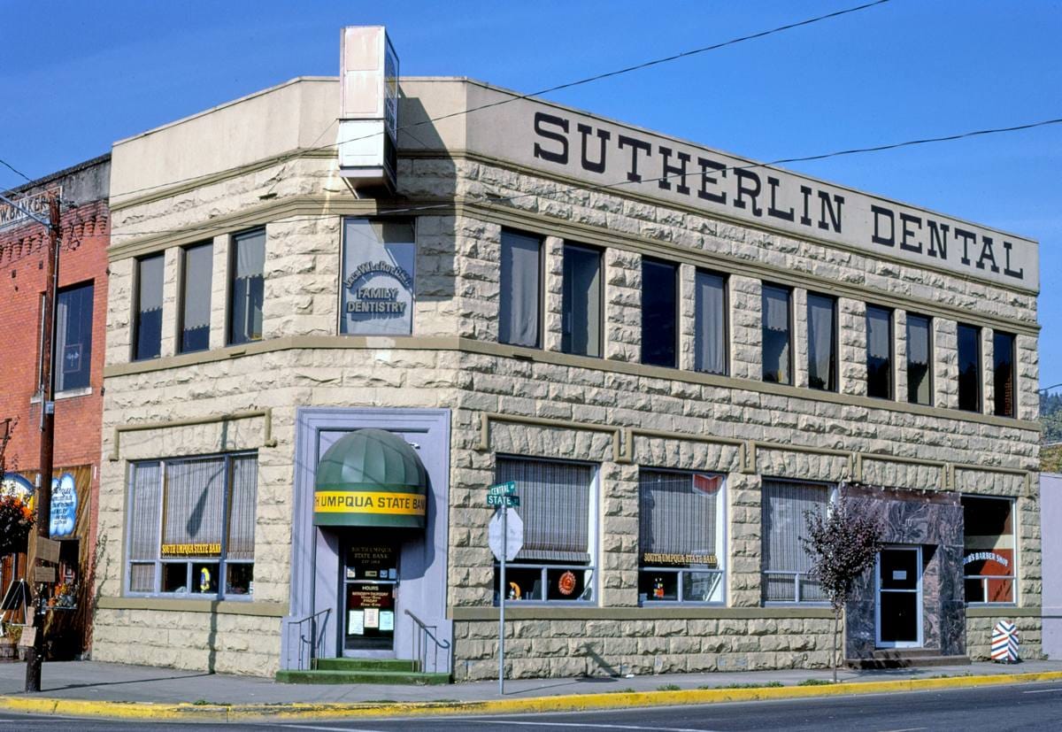 Historic Photo : 1987 South Umpqua State Bank, Central & State Streets, Sutherlin, Oregon | Margolies | Roadside America Collection | Vintage Wall Art :