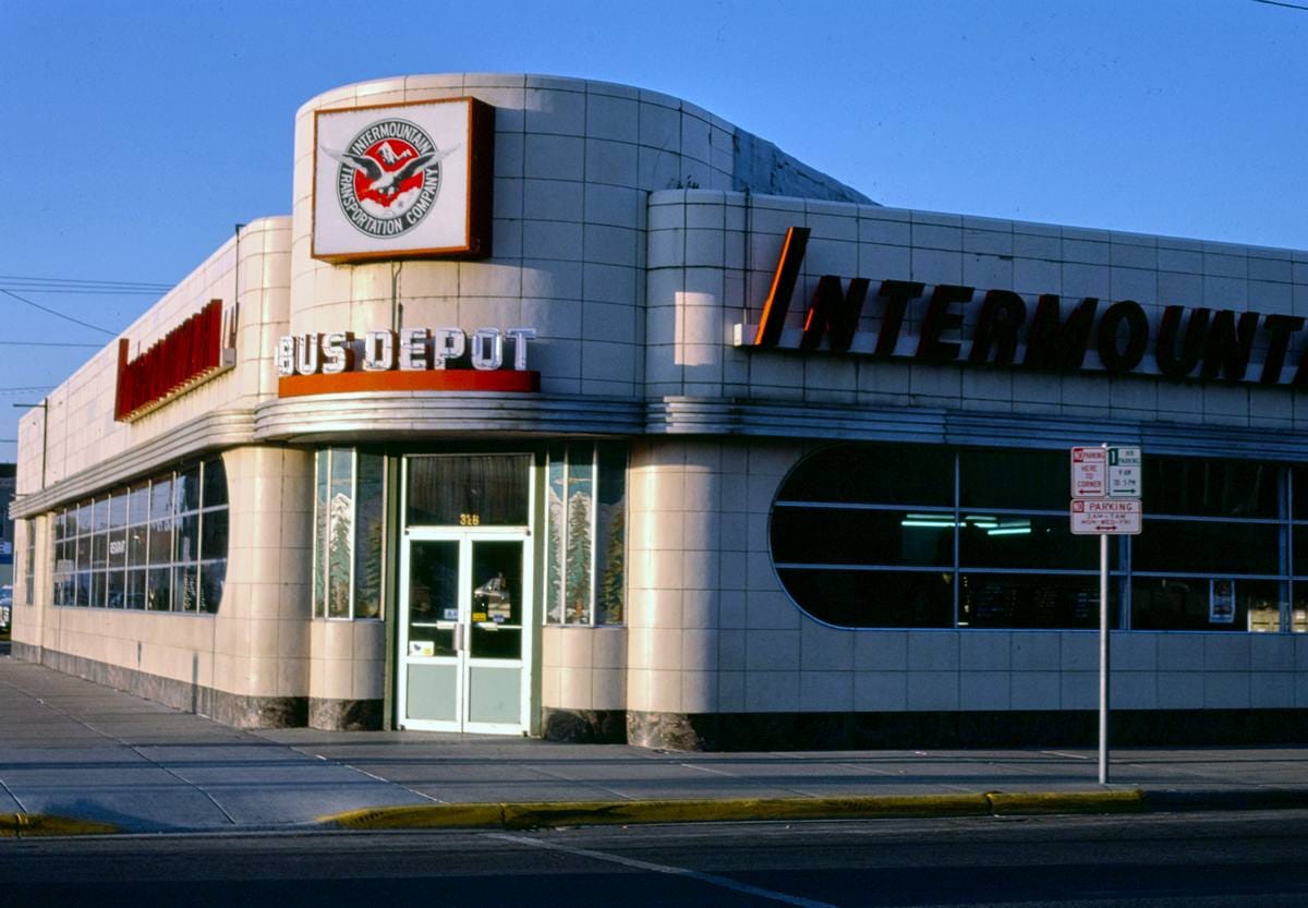 Historic Photo : 1987 Intermountain Bus Depot, vertical view, 1st Avenue S. & 4th Street, Great Falls, Montana | Photo by: John Margolies |