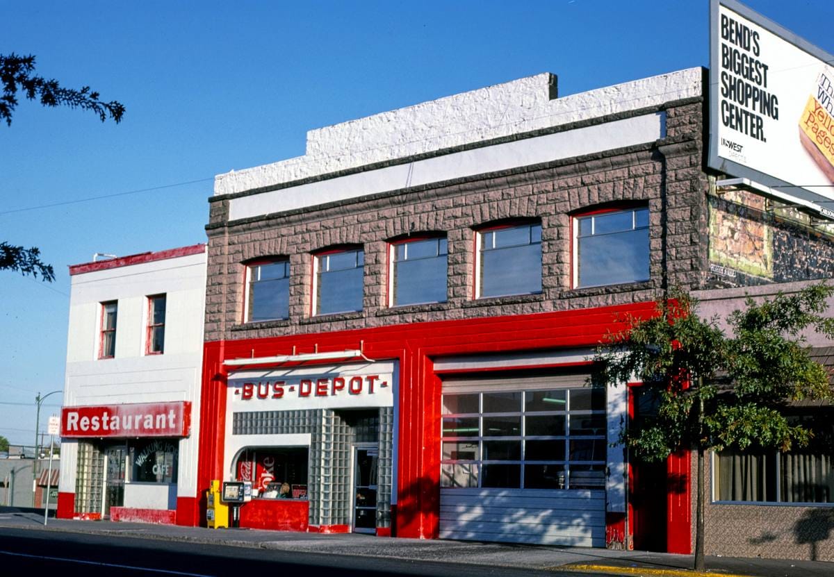 Historic Photo : 1987 Bus Depot, angle view, Bond Street, Bend, Oregon | Margolies | Roadside America Collection | Vintage Wall Art :