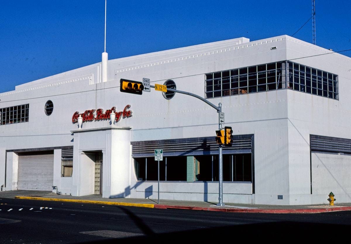 Historic Photo : 1982 Coca Cola Bottling Company, overall diagonal view, 12th & Austin, Waco, Texas | Margolies | Roadside America Collection | Vintage Wall Art :