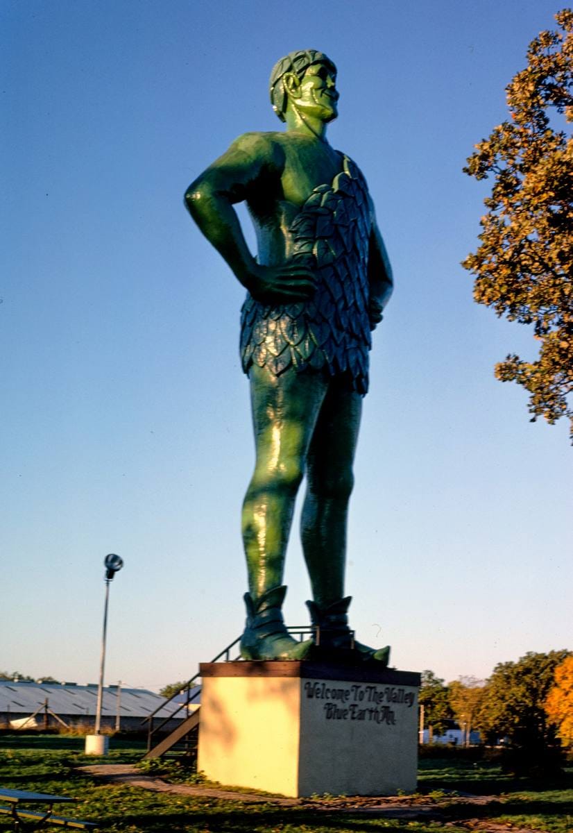 Historic Photo : 1988 Green Giant statue (1979), early morning angle view, Route 169, Blue Earth, Minnesota | Margolies | Roadside America Collection | Vintage Wall Art :