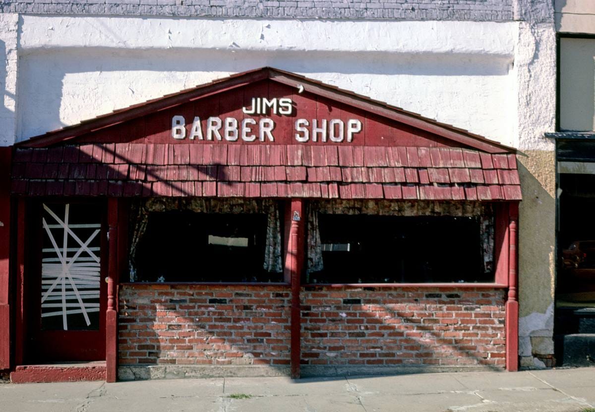 Historic Photo : 1980 Jim's Barber Shop, 1st Street, Pleasant Hill, Missouri | Margolies | Roadside America Collection | Vintage Wall Art :
