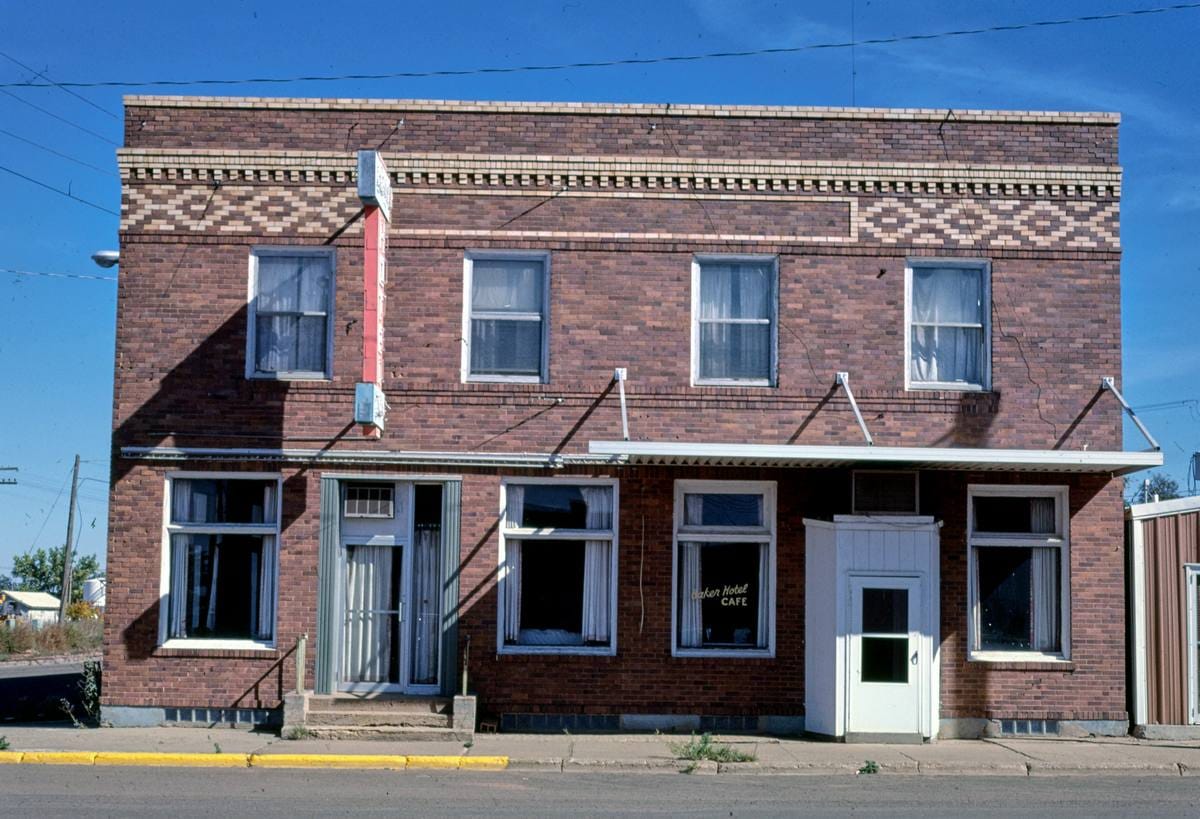Historic Photo : 1987 Baker Hotel (by the tracks), angle 1, Route 7, Baker, Montana | Margolies | Roadside America Collection | Vintage Wall Art :