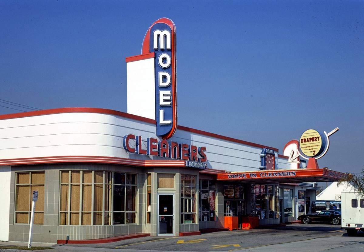Historic Photo : 1977 Model Drive In Cleaner, angle 1, 25th & Long Beach Boulevard, Long Beach, California | Margolies | Roadside America Collection | Vintage Wall Art :