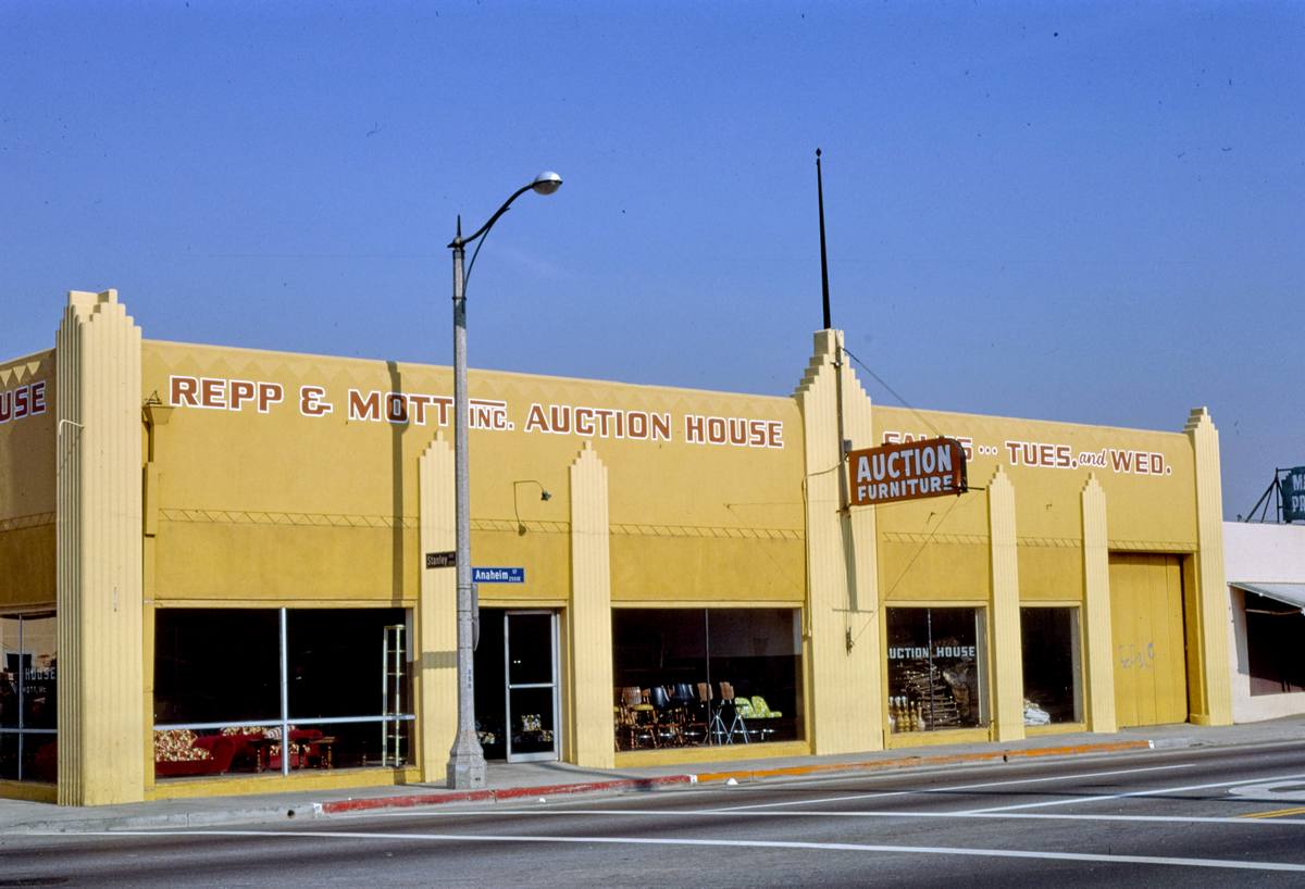 Historic Photo : 1977 Repp & Mott Auction House, angle 1, 2501 E. Anaheim Street, Long Beach, California | Margolies | Roadside America Collection | Vintage Wall Art :
