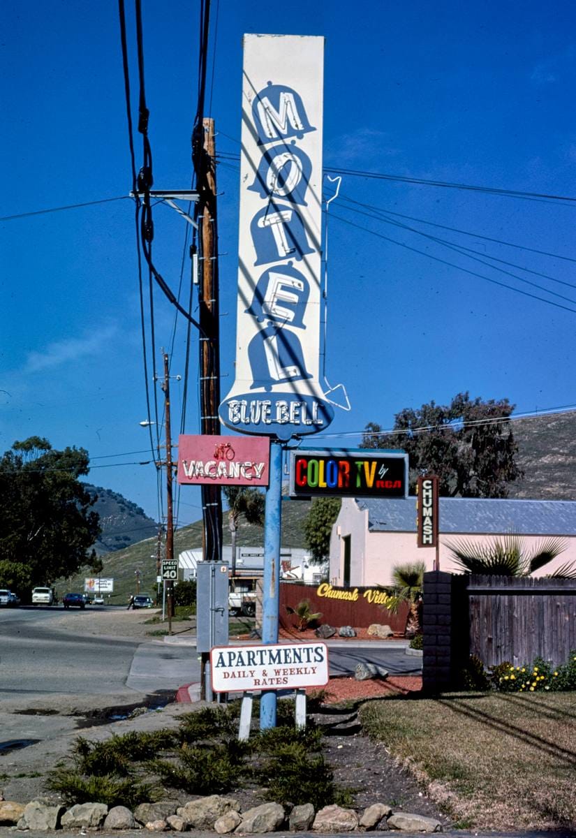 Historic Photo : 1977 Blue Bell Motel (1937) sign, 3053 S. Higuera Street, San Luis Obispo, California | Margolies | Roadside America Collection | Vintage Wall Art :