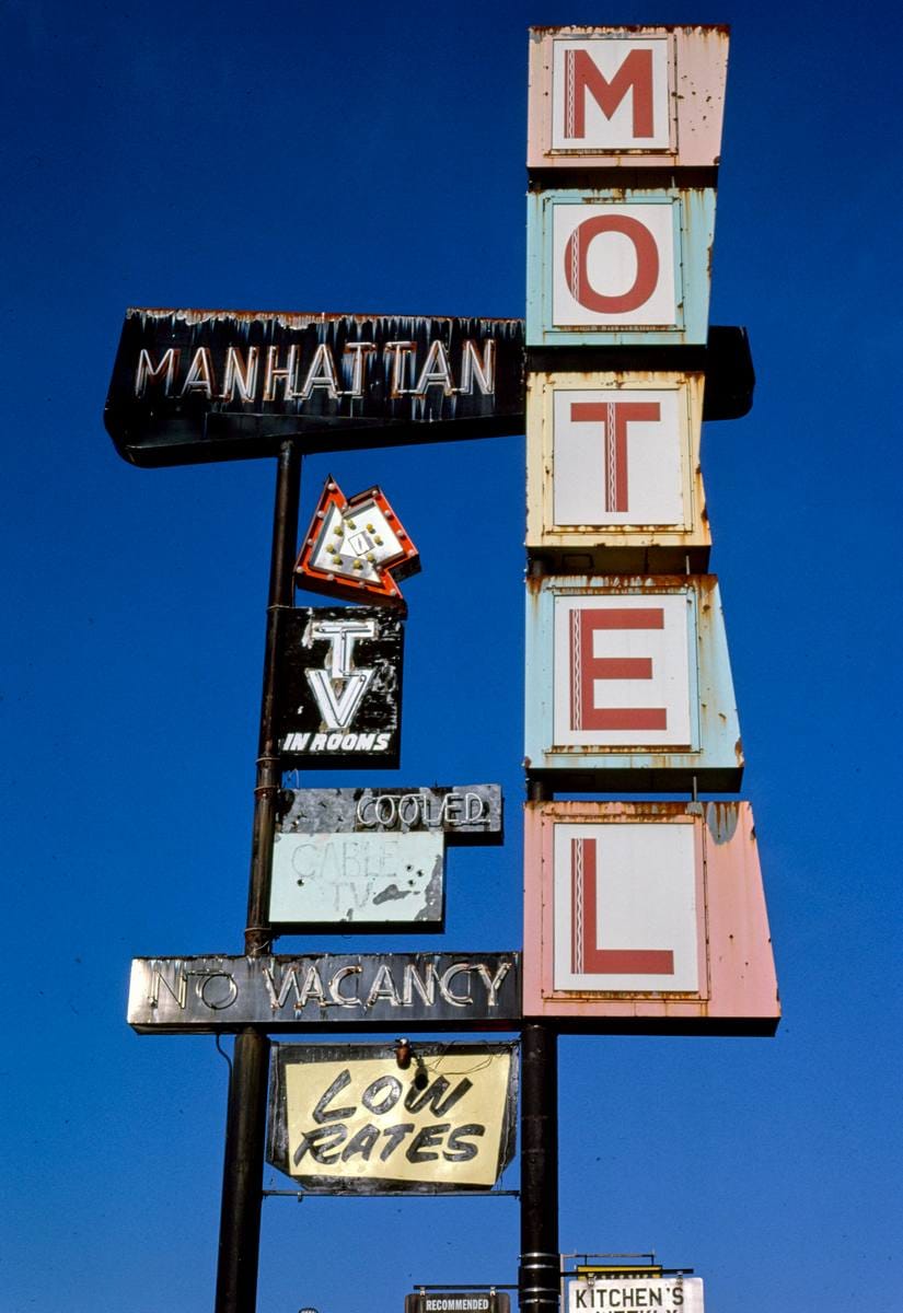 Historic Photo : 1987 Manhattan Motel sign, Route 99 (Market Street), Redding, California | Margolies | Roadside America Collection | Vintage Wall Art :