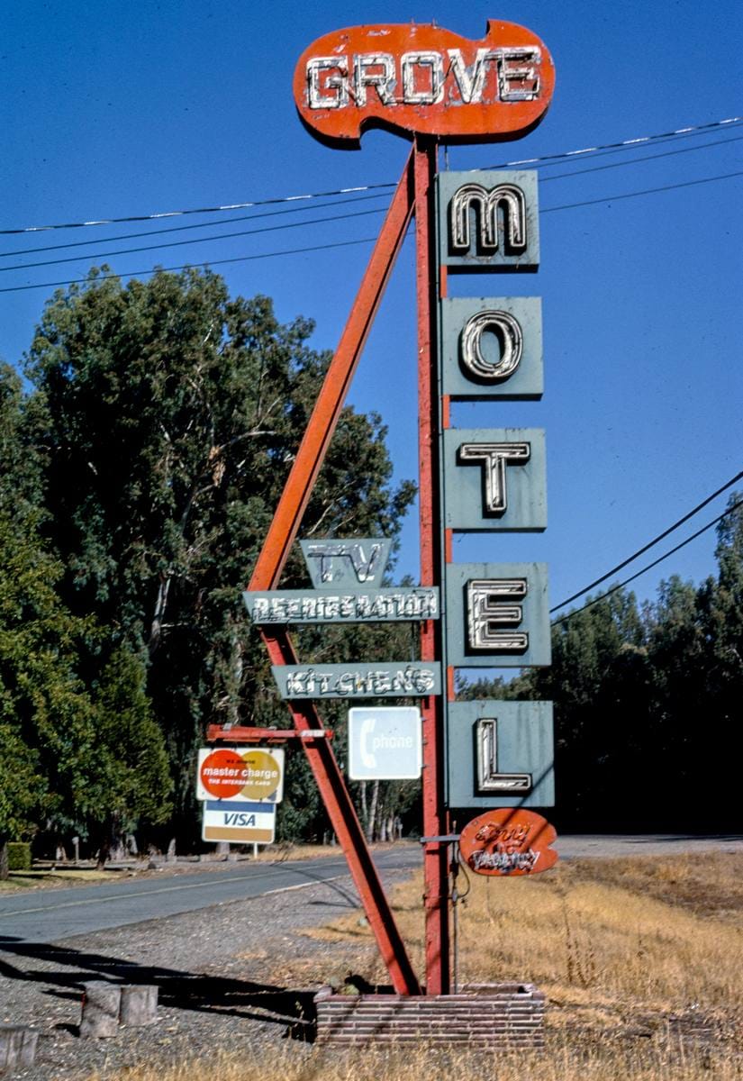 Historic Photo : 1987 Grove Motel sign, Route 99, Willows, California | Margolies | Roadside America Collection | Vintage Wall Art :