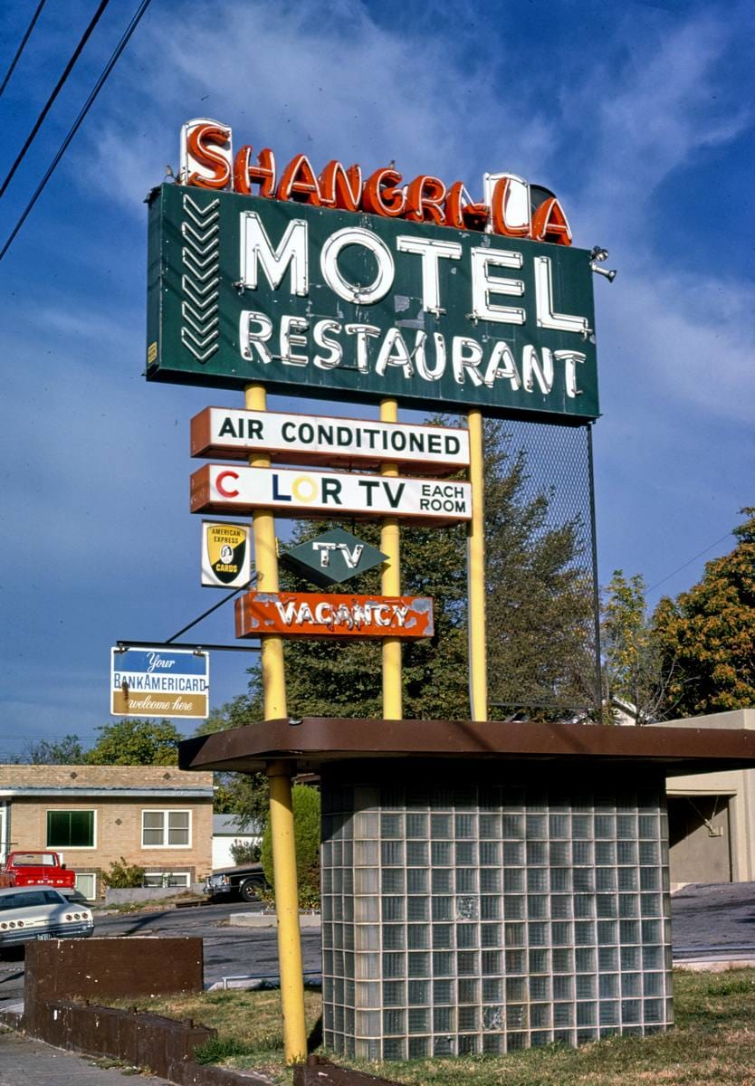 Historic Photo : 1979 Shangri-La Motel sign, Wyatt Earp Boulevard, Dodge City, Kansas | Margolies | Roadside America Collection | Vintage Wall Art :
