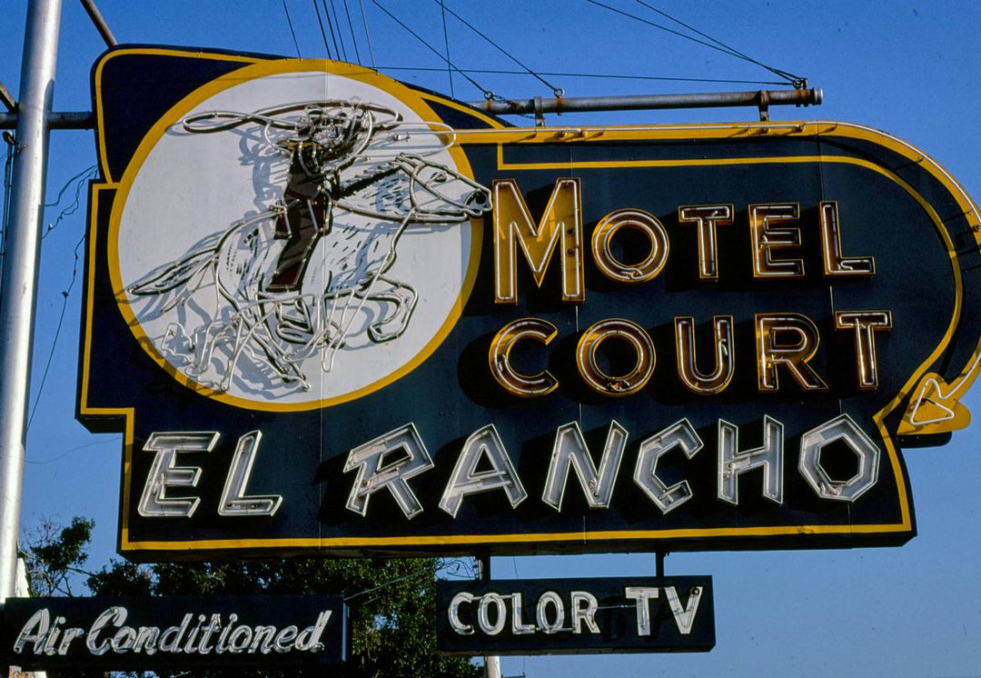 Historic Photo : 1980 El Rancho Motel Court sign, Nebraska Avenue, Tampa, Florida | Margolies | Roadside America Collection | Vintage Wall Art :