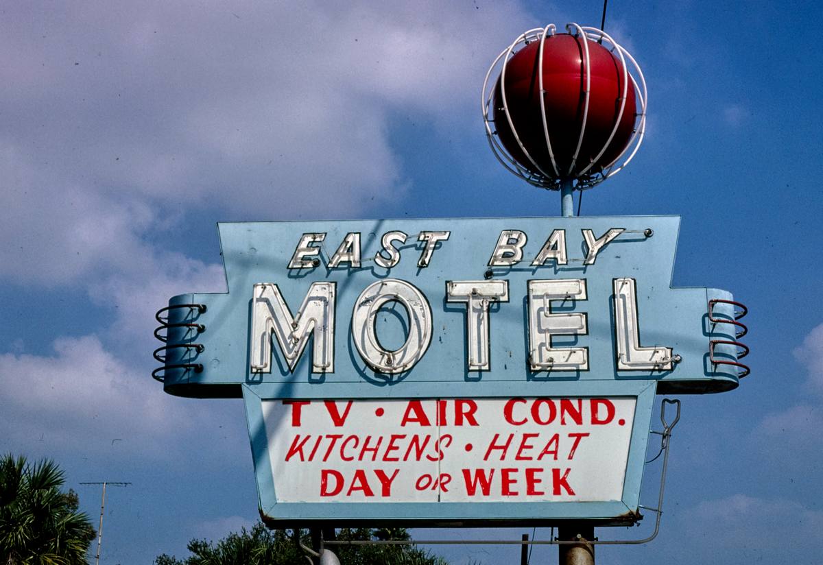 Historic Photo : 1980 East Bay Motel sign, Route 41, Gibsonton, Florida | Margolies | Roadside America Collection | Vintage Wall Art :