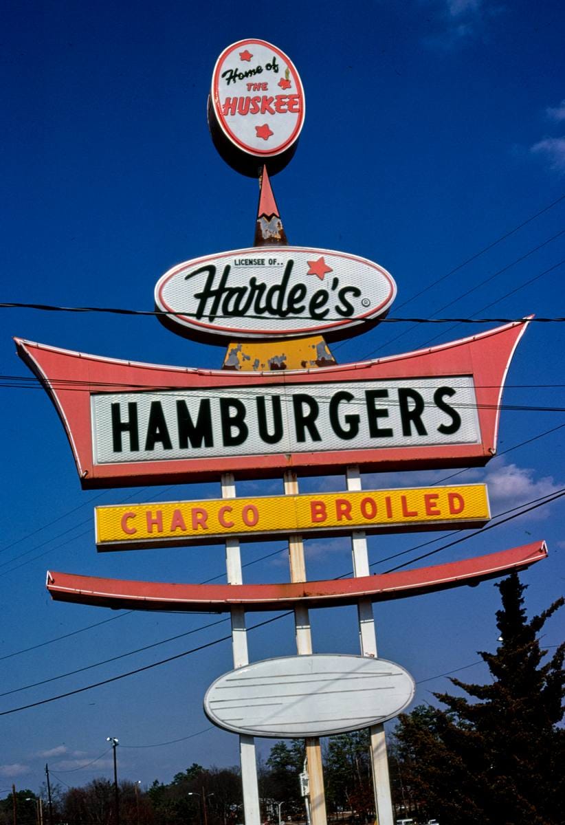 Historic Photo : 1979 Hardee's Restaurant sign, Crowson Road, Columbia, South Carolina | Margolies | Roadside America Collection | Vintage Wall Art :