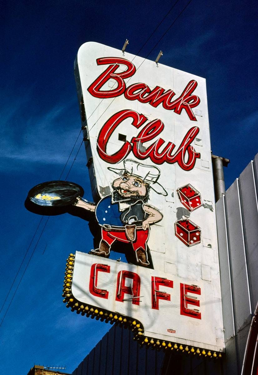 Historic Photo : 1980 Bank Club Cafe sign, Rts. 6 & 50, Ely, Nevada | Margolies | Roadside America Collection | Vintage Wall Art :