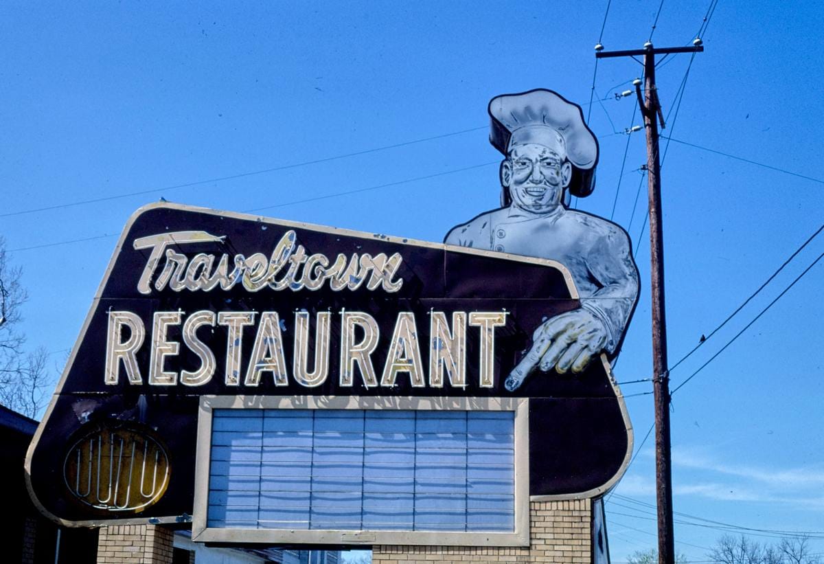Historic Photo : 1982 Traveltown Restaurant sign, Route 11, Cloverdale, Virginia | Margolies | Roadside America Collection | Vintage Wall Art :