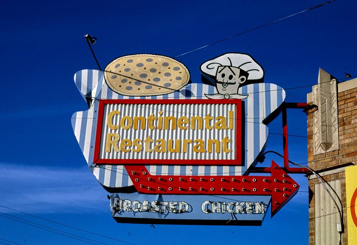 Historic Photo : 1987 Continental Family Restaurant sign, Routes 5 & 281, Jamestown, North Dakota | Margolies | Roadside America Collection | Vintage Wall Art :