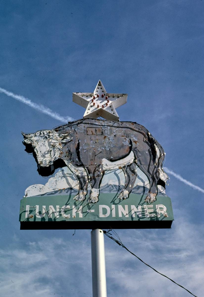 Historic Photo : 1987 Branding Iron Restaurant sign, B-40, Flagstaff, Arizona | Margolies | Roadside America Collection | Vintage Wall Art :