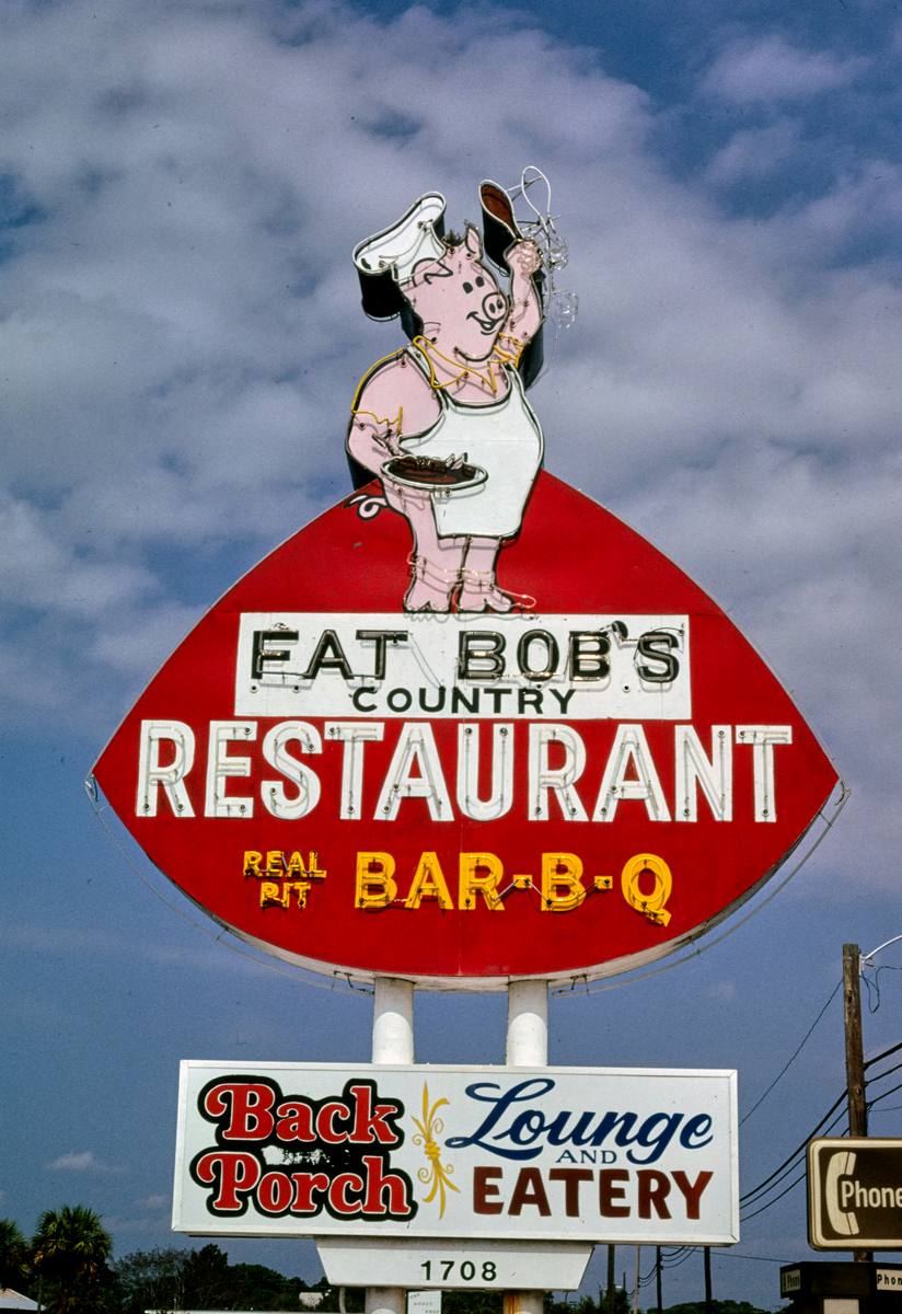 Historic Photo : 1979 Fat Bob's Country Restaurant Real Pit Bar-B-Q sign, Route 1, Edgewater, Florida | Margolies | Roadside America Collection | Vintage Wall Art :