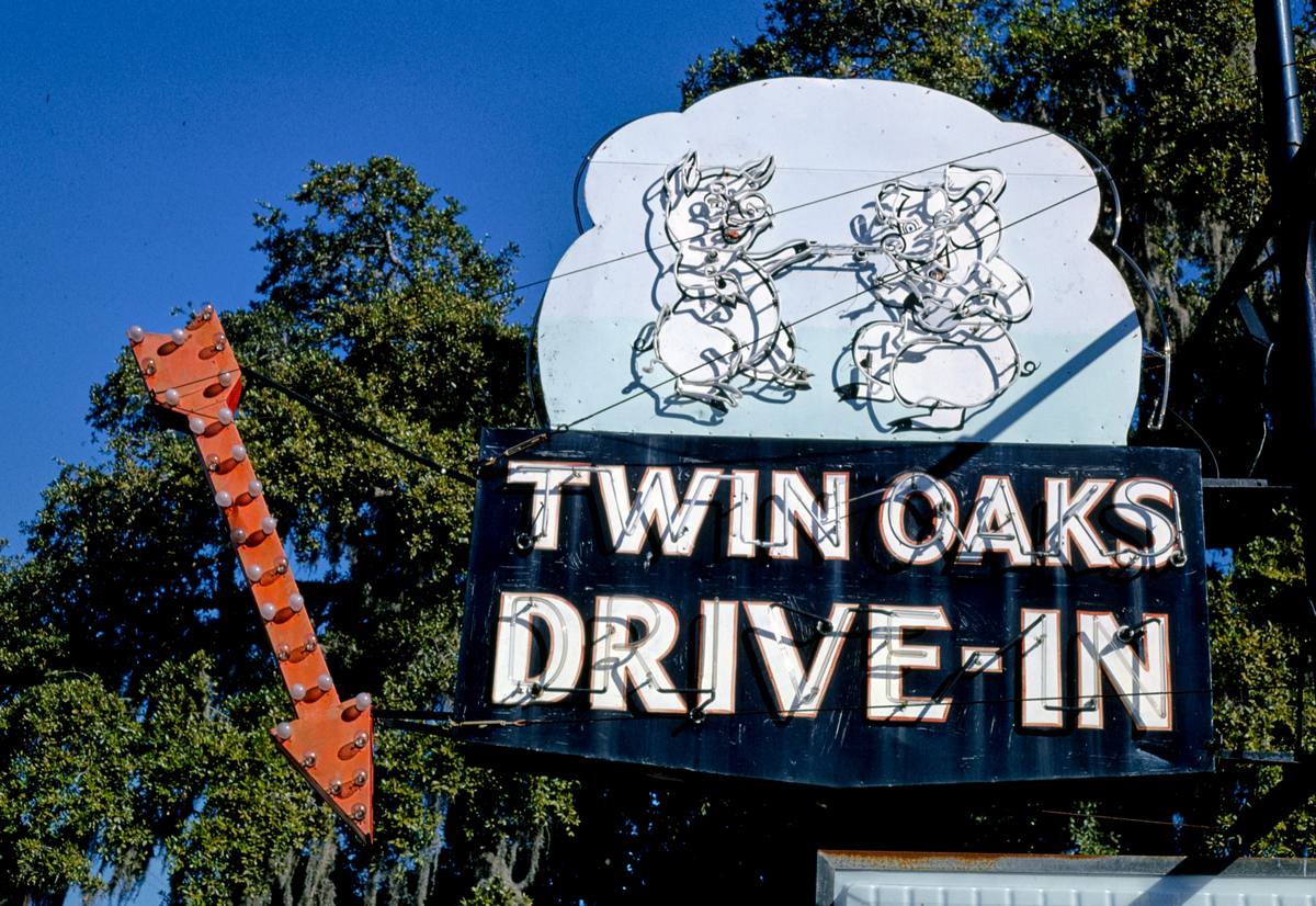 Historic Photo : 1990 Twin Oaks Drive-In Bar-B-Q Restaurant sign, Norwich Street, Brunswick, Georgia | Margolies | Roadside America Collection | Vintage Wall Art :