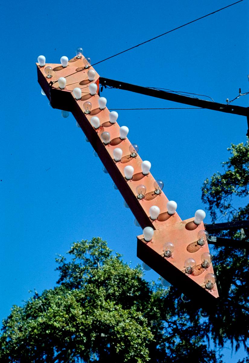 Historic Photo : 1990 Twin Oaks Drive-In Bar-B-Q Restaurant sign (arrow), Norwich Street, Brunswick, Georgia | Margolies | Roadside America Collection | Vintage Wall Art :