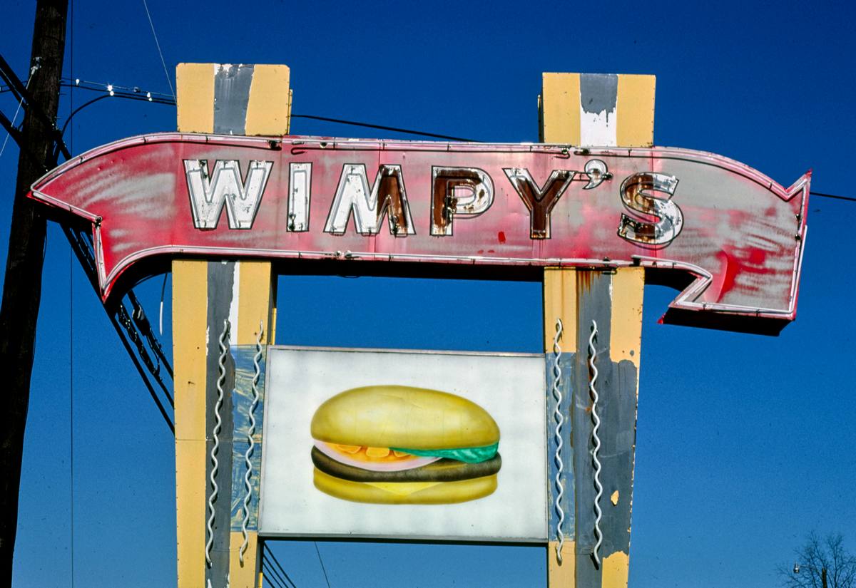 Historic Photo : 1982 Wimpy's Hamburger Restaurant sign, Route 58, Danville, Virginia | Margolies | Roadside America Collection | Vintage Wall Art :