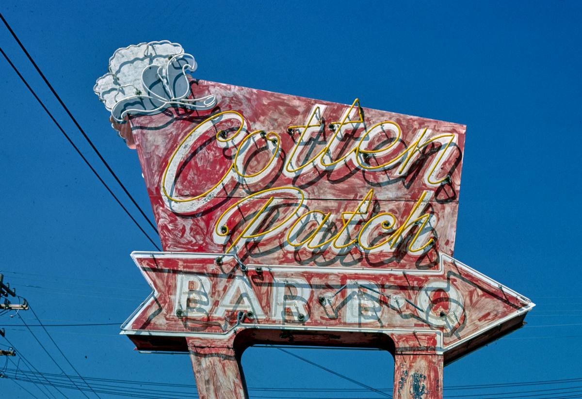 Historic Photo : 1986 Cotton Patch Bar-B-Q Restaurant sign, Chattanooga, Tennessee | Margolies | Roadside America Collection | Vintage Wall Art :