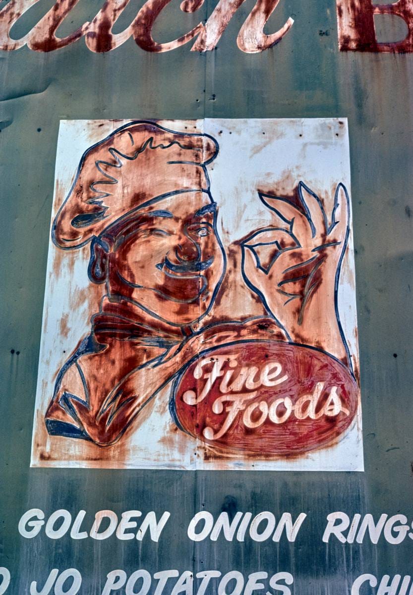 Historic Photo : 1986 Cotton Patch Bar-B-Q Restaurant sign, detail, Chattanooga, Tennessee | Margolies | Roadside America Collection | Vintage Wall Art :