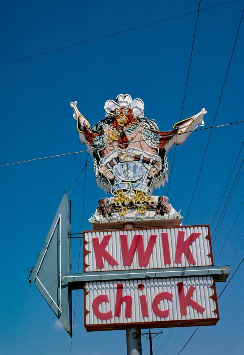 Historic Photo : 1982 Kwik Chick Restaurant sign, Route 87B, San Angelo, Texas | Margolies | Roadside America Collection | Vintage Wall Art :