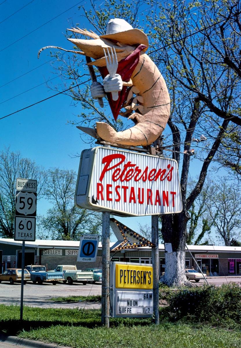 Historic Photo : 1977 Peterson's Restaurant sign, Wharton, Texas | Margolies | Roadside America Collection | Vintage Wall Art :