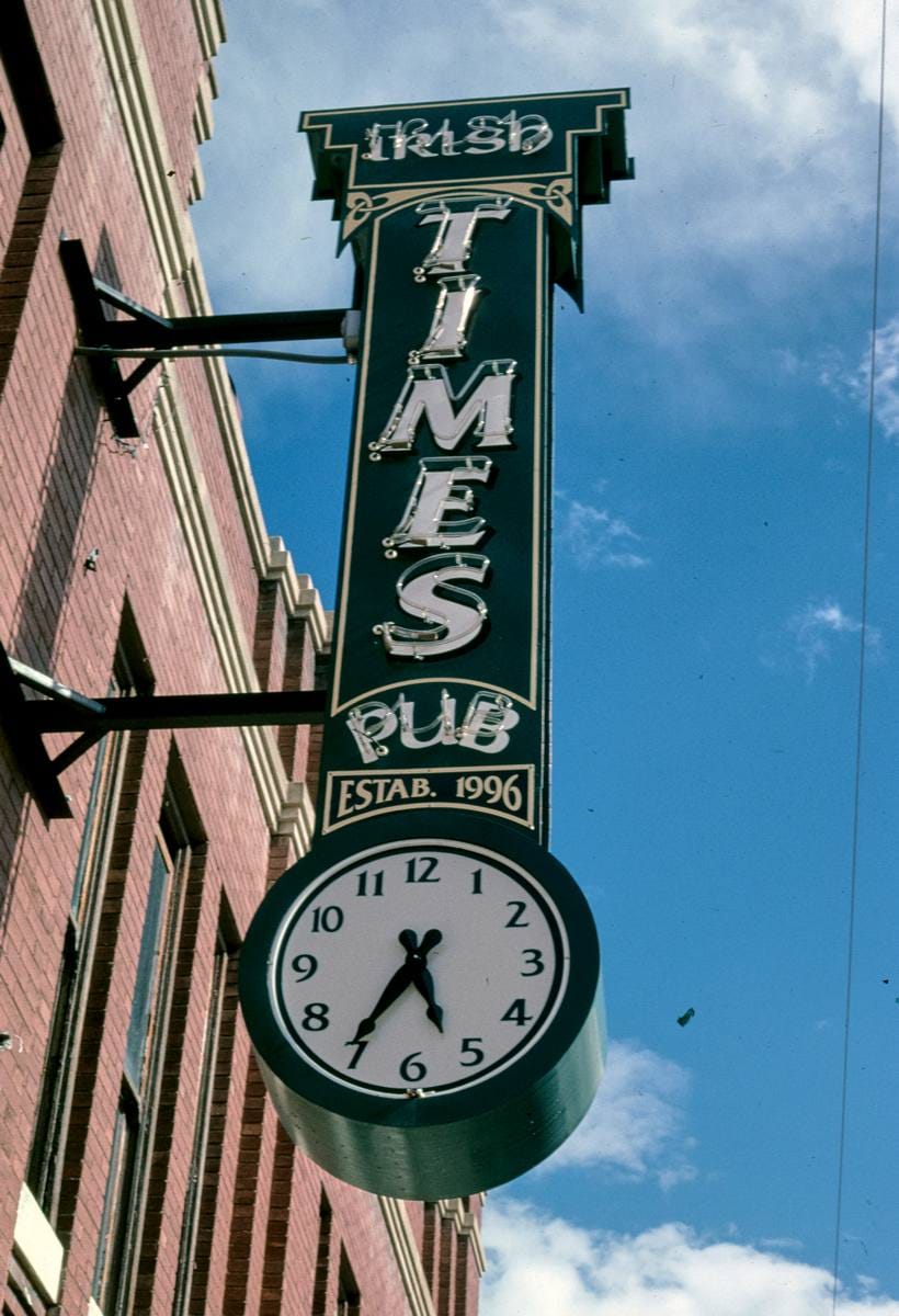 Historic Photo : 2004 Irish Times Pub Clock-sign, Main Street, Butte, Montana | Margolies | Roadside America Collection | Vintage Wall Art :