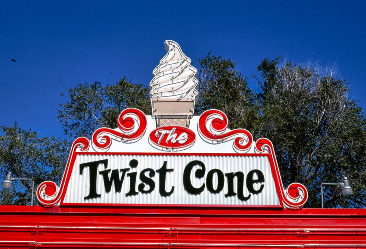 Historic Photo : 1987 Twist Cone ice cream sign, Route 281, Aberdeen, South Dakota | Margolies | Roadside America Collection | Vintage Wall Art :