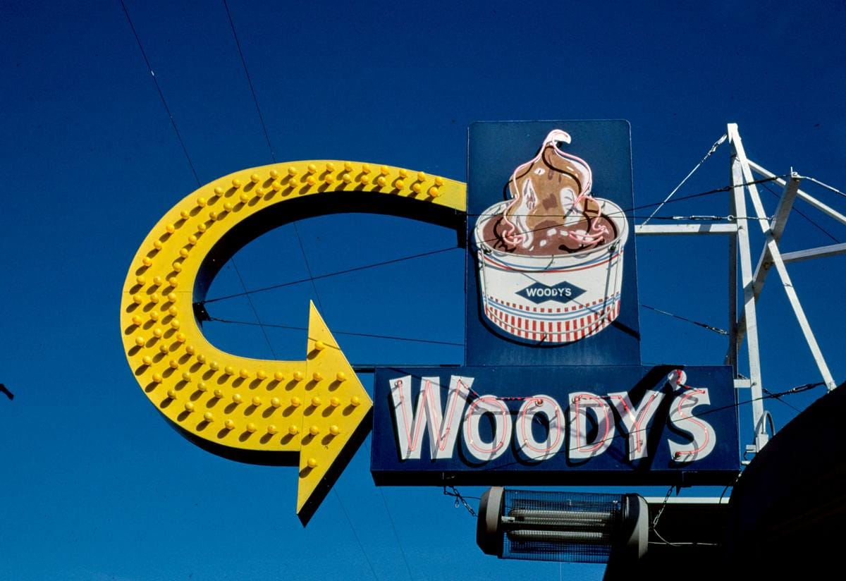 Historic Photo : 1987 Woody's ice cream sign, B-90, Moses Lake, Washington | Margolies | Roadside America Collection | Vintage Wall Art :