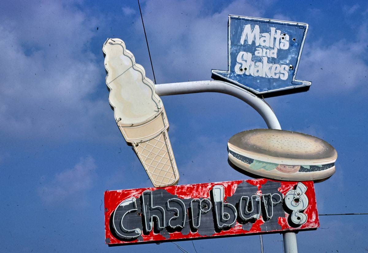 Historic Photo : 1979 Charburg ice cream sign, E. Main Street, Enid, Oklahoma | Margolies | Roadside America Collection | Vintage Wall Art :