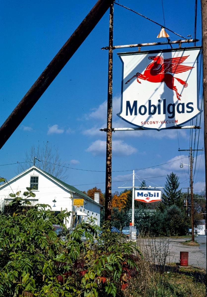 Historic Photo : 1976 Bill's Auto Service Mobil Gasoline signs, Route 213, Olivebridge, New York | Margolies | Roadside America Collection | Vintage Wall Art :