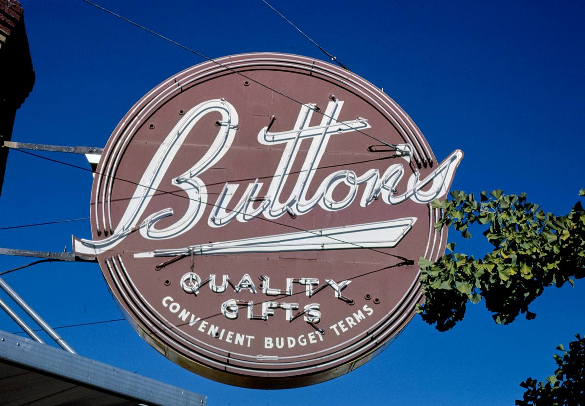 Historic Photo : 1987 Button's Quality Gifts sign, 4th & Pine, Ellensburg, Washington | Margolies | Roadside America Collection | Vintage Wall Art :