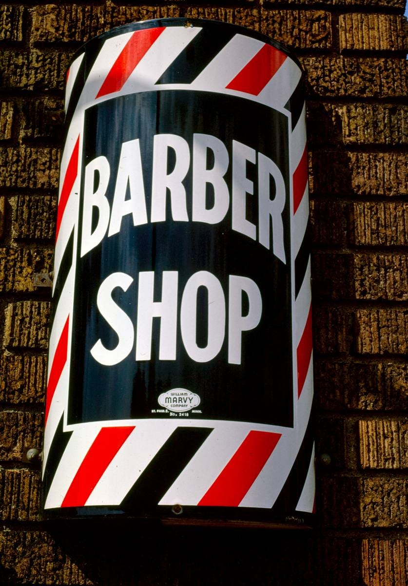 Historic Photo : 1984 Barber sign (manufactured by the Marvy Company), University Avenue, Minneapolis, Minnesota | Photo by: John Margolies |