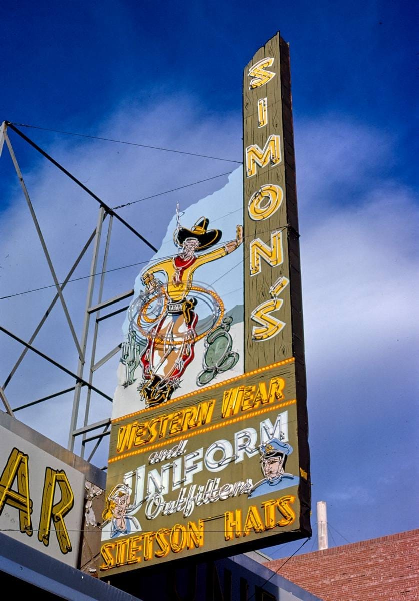 Historic Photo : 1979 Simon's Western Wear sign, Central Avenue, Albuquerque, New Mexico | Margolies | Roadside America Collection | Vintage Wall Art :