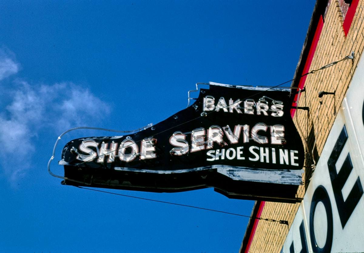 Historic Photo : 1982 Baker's shoe service sign, Caldwell Street, Rock Hill, South Carolina | Margolies | Roadside America Collection | Vintage Wall Art :