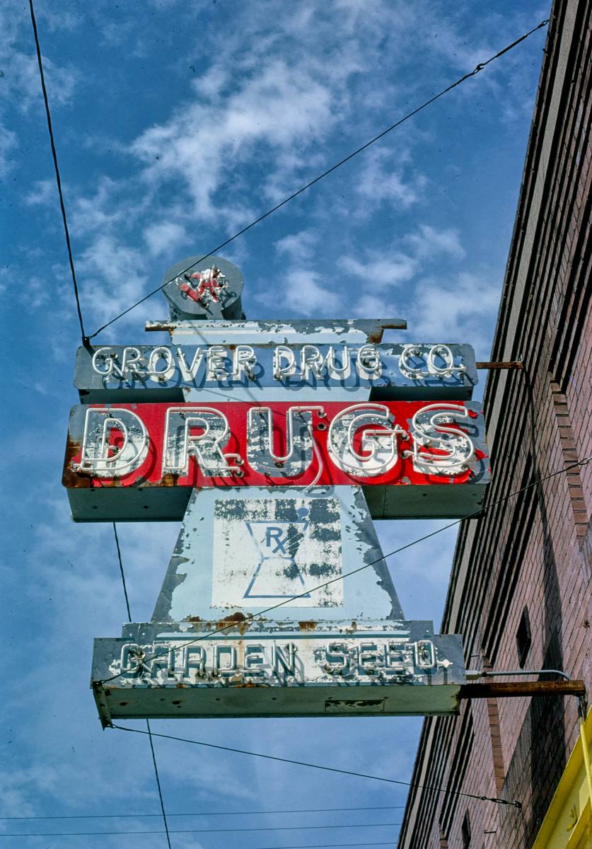 Historic Photo : 1979 Grover drugs sign, Franklin Street, Natchez, Mississippi | Margolies | Roadside America Collection | Vintage Wall Art :