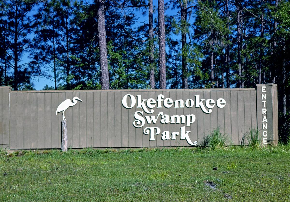 Historic Photo : 1979 Okefenokee Swamp Park sign, Route 1, near Waycross, Georgia | Margolies | Roadside America Collection | Vintage Wall Art :