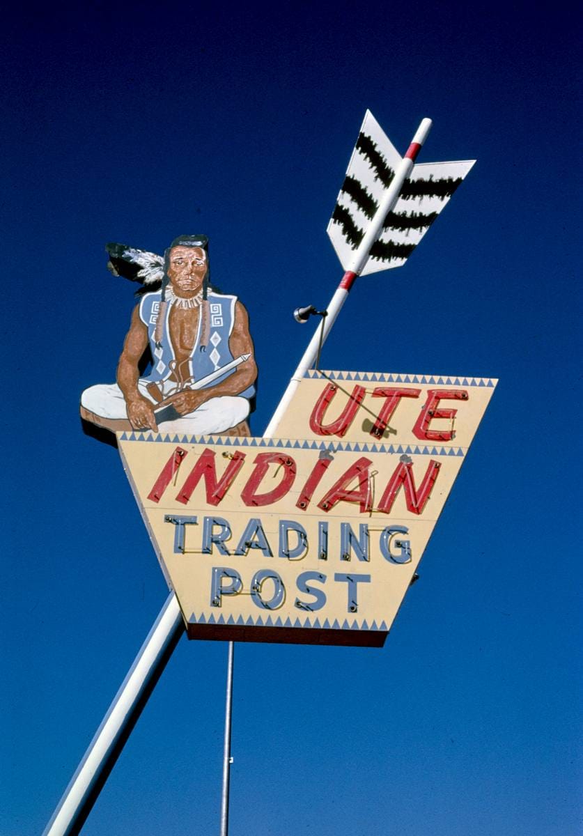 Historic Photo : 1991 Ute Indian Trading post signs, top of the arrow, Route 40, Vernal, Utah | Margolies | Roadside America Collection | Vintage Wall Art :