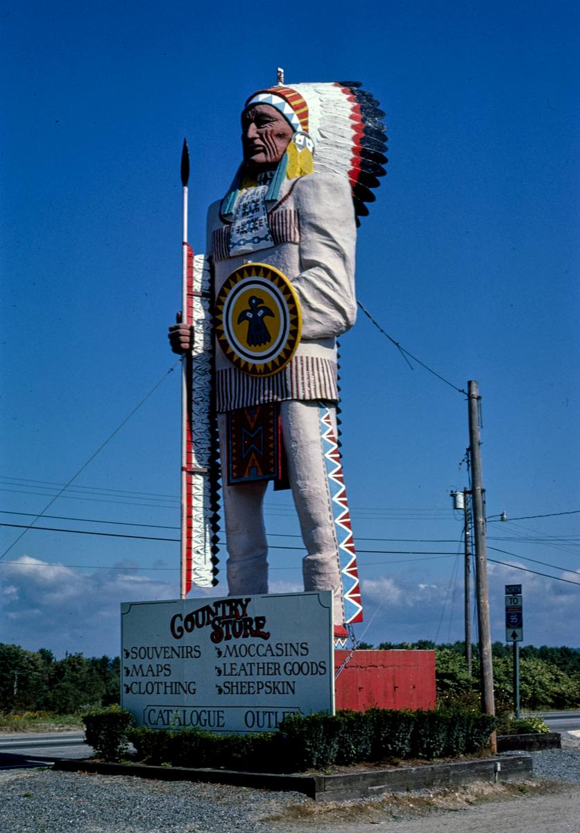 Historic Photo : 1984 Chief Passamaquoddy statue at Gasco Bay Trading Post, Route 1, Freeport, Maine | Margolies | Roadside America Collection | Vintage Wall Art :