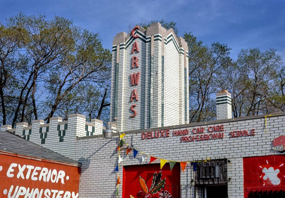 Historic Photo : 1986 Carwash, horizontal detail, 12658 Livernois, Detroit, Michigan | Margolies | Roadside America Collection | Vintage Wall Art :