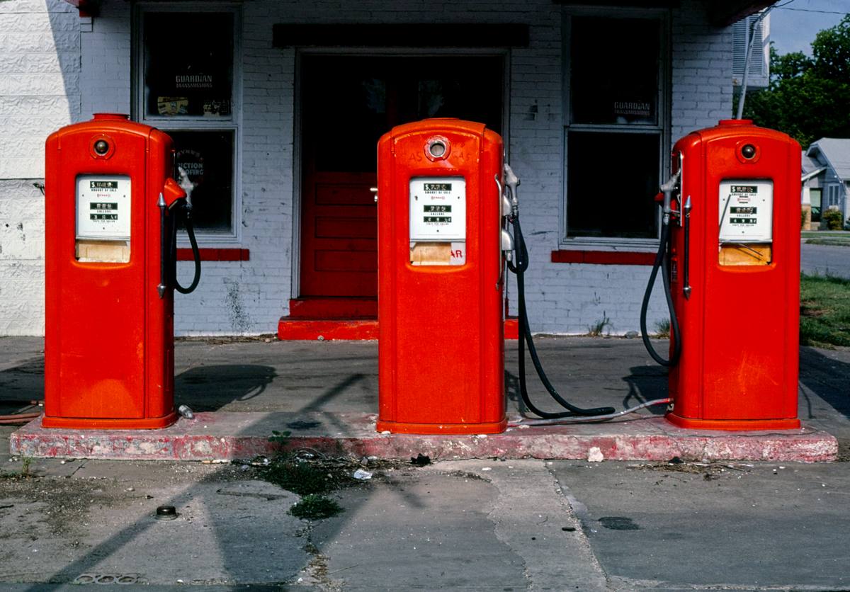 Historic Photo : 1982 Three red gas pumps, S. Flores, San Antonio, Texas | Margolies | Roadside America Collection | Vintage Wall Art :