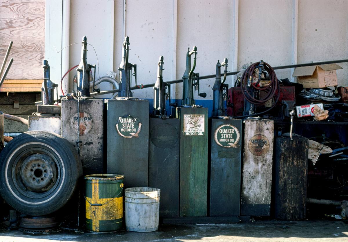 Historic Photo : 1977 Old oil dispensers, Union Oil, Sawtelle near Mississippi, West Los Angeles, California | Margolies | Roadside America Collection | Vintage Wall Art :