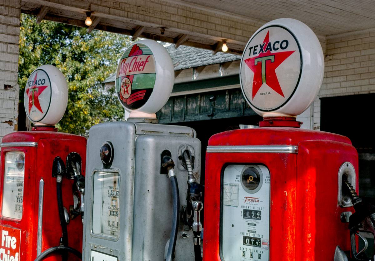 Historic Photo : 1977 Three gas pumps (diagonal detail), Texaco, Milford, Illinois | Margolies | Roadside America Collection | Vintage Wall Art :