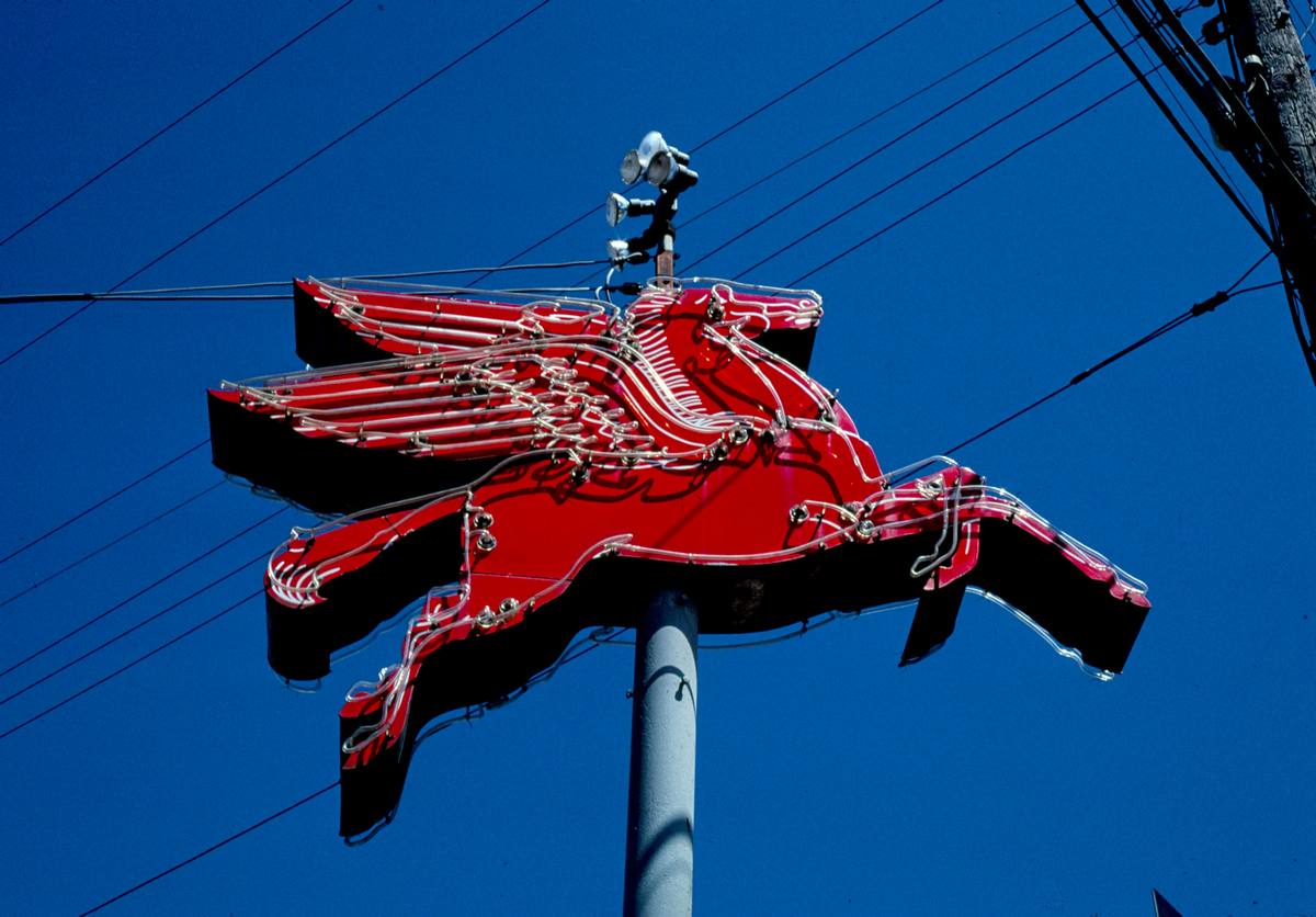 Historic Photo : 1982 Mobil flying red horse, Rt. 287, Corsicana, Texas | Margolies | Roadside America Collection | Vintage Wall Art :
